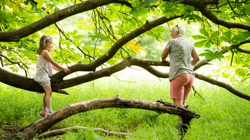 A child and a woman play in the Hoe Fen Wildlife Discovery Area at Anglesey Abbey, Cambridgeshire